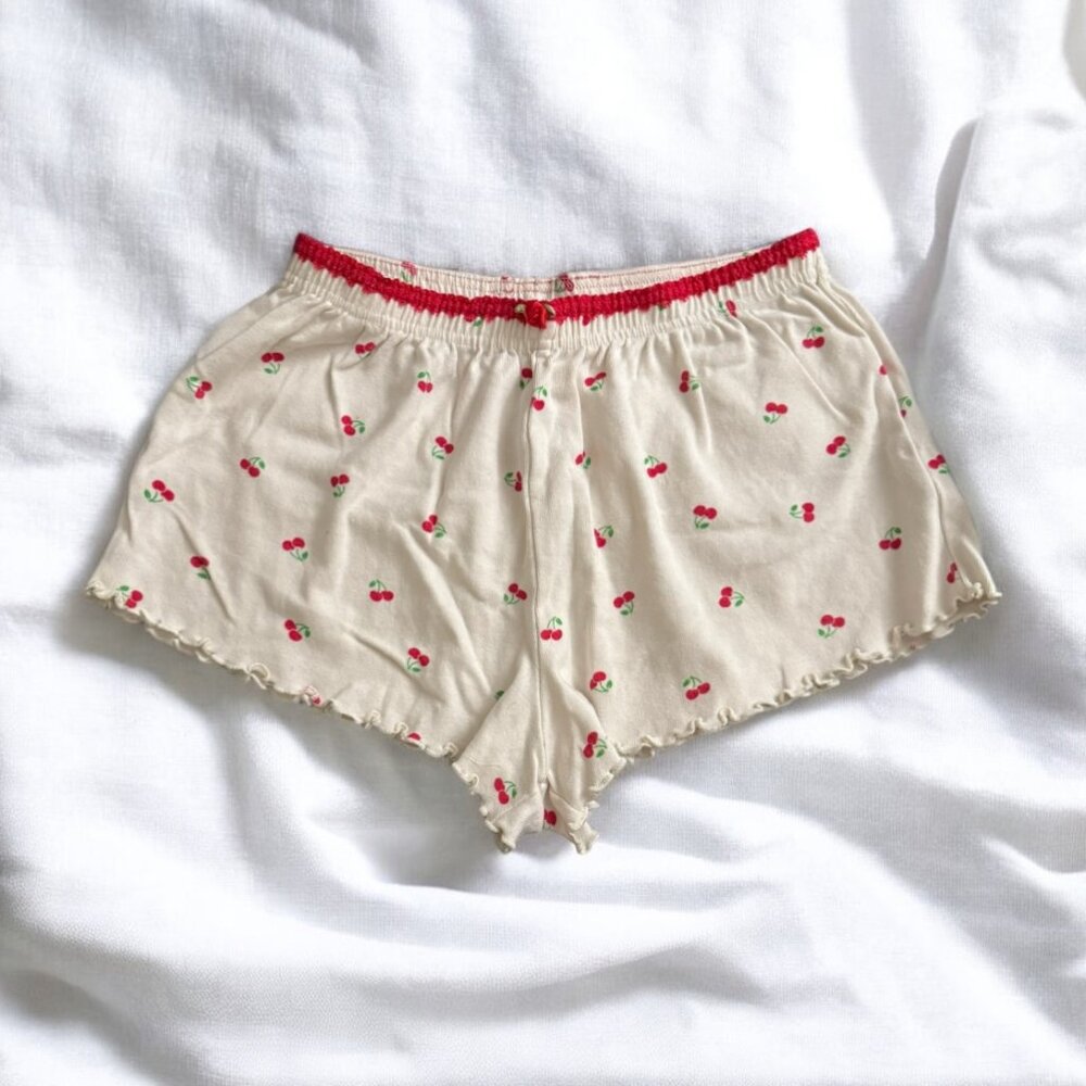 White Cherry Print Sleep Shorts with a Dainty Rose Detail